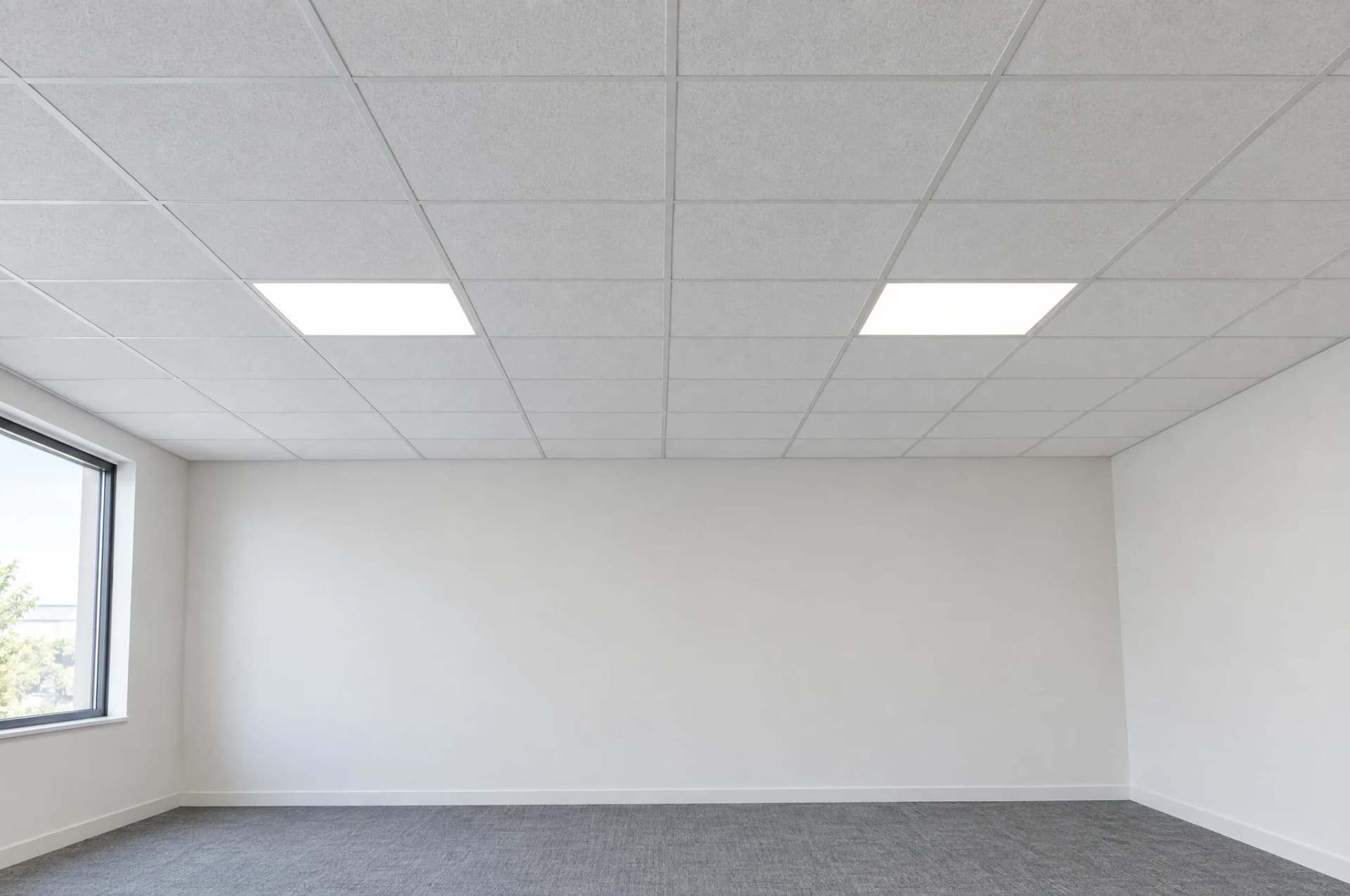 AI-generated editorial illustration of an acoustical tile ceiling and suspended grid